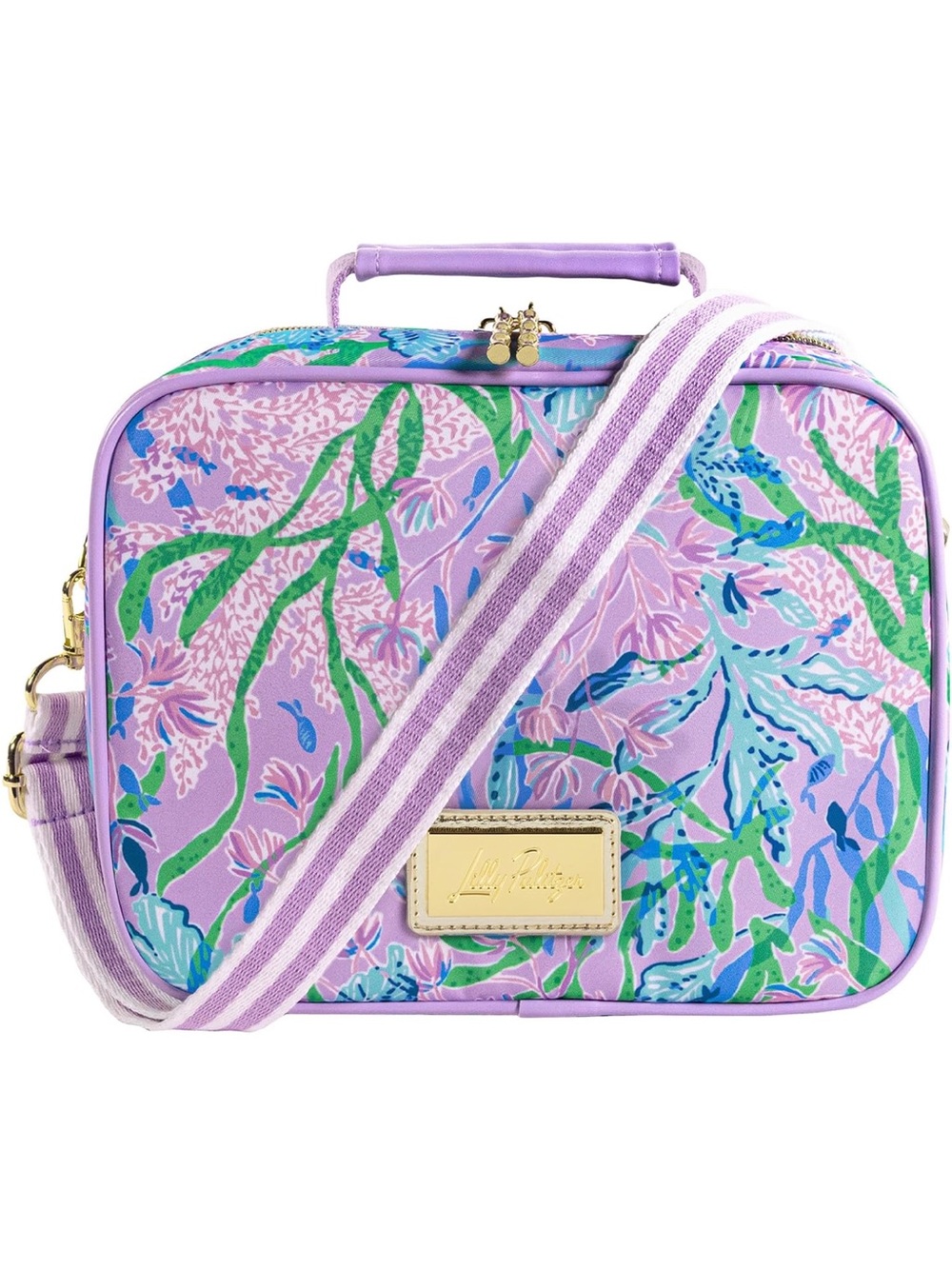 New Lilly Pulitzer Lavender Floral Lunch Box with Striped Strap, Lunch Tote Bag